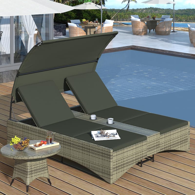 Outdoor Chaise Lounge Outdoor Daybed with Shelter Roof, Rattan Pool Reclining Chair Adjustable Backrest - gray