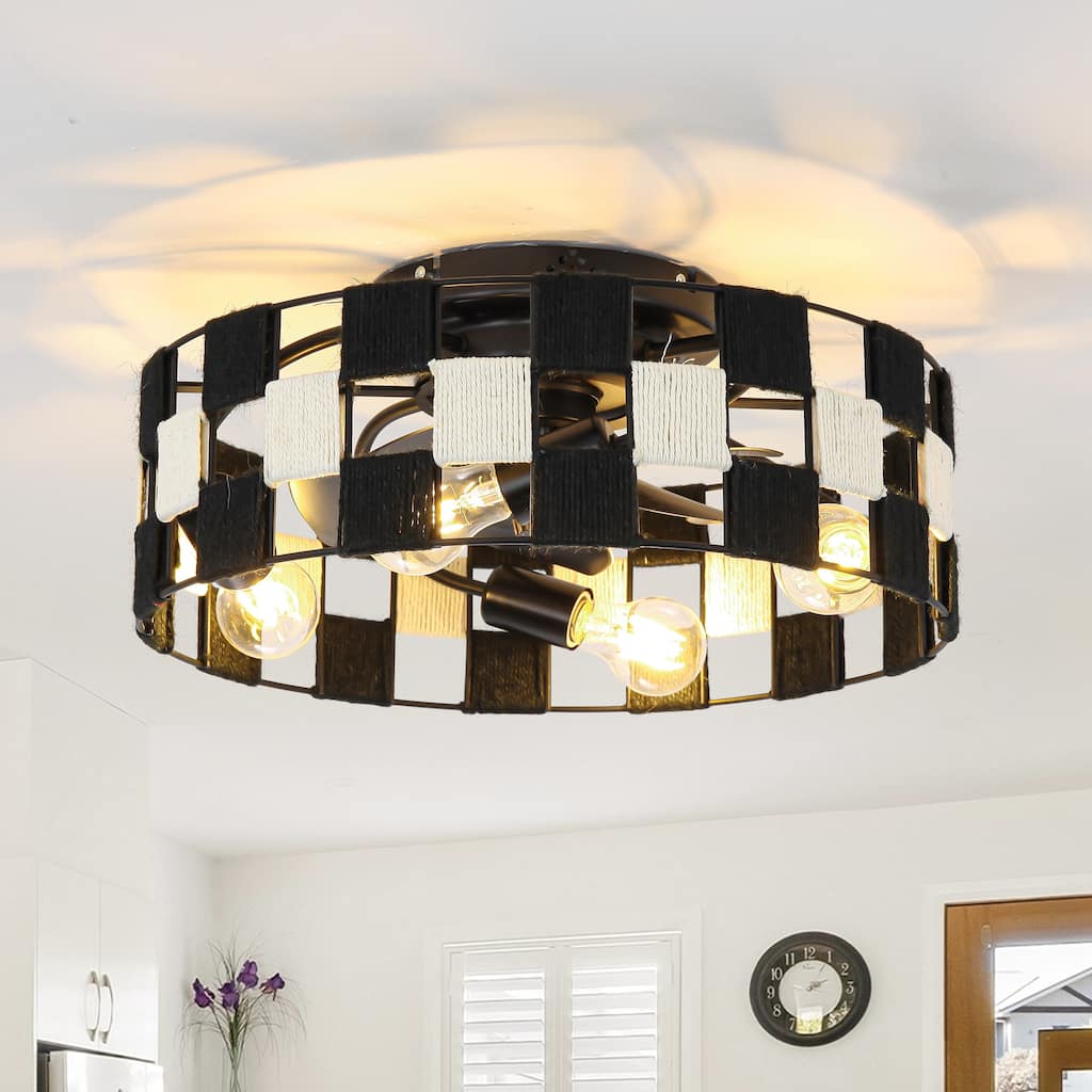 17.7" Black Hand-Woven Hemp Rope Caged Ceiling Fan Light with Remote and App