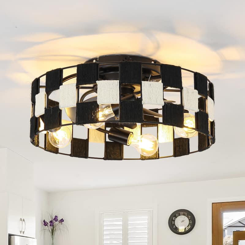 17.7" Black Hand-Woven Hemp Rope Caged Ceiling Fan Light with Remote and App