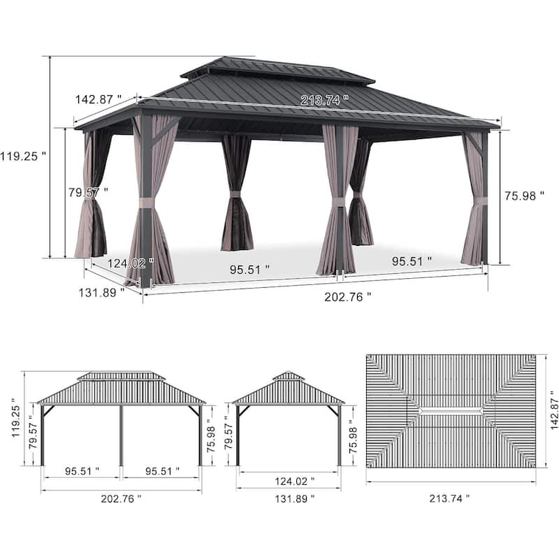 PURPLE LEAF Gazebo Outdoor Gazebo with Dual-Layer Galvanized Steel Double Roof Aluminum Gazebo with Netting and Curtains Grey