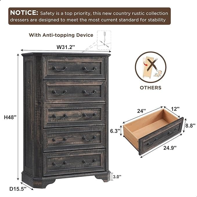 Farmhouse 5 Drawers Dresser, Wood Chest of Drawers, Dressers Organizer