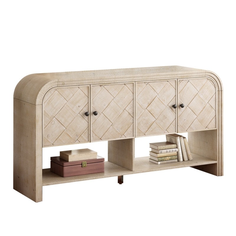 Versatile 60" Console Table with Woven Wood Slats and Solid Wood Veneer for Entryway or Living Room
