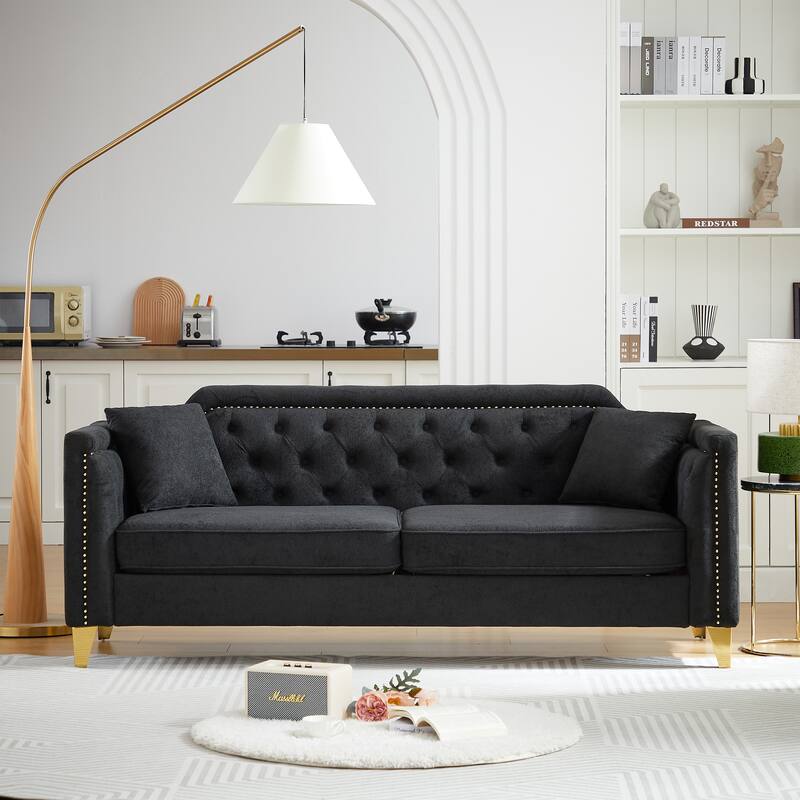 Chenille Sofa with Golden Metal Legs, 3-Seater Couch with Solid Wood Frame and 750 lbs Capacity