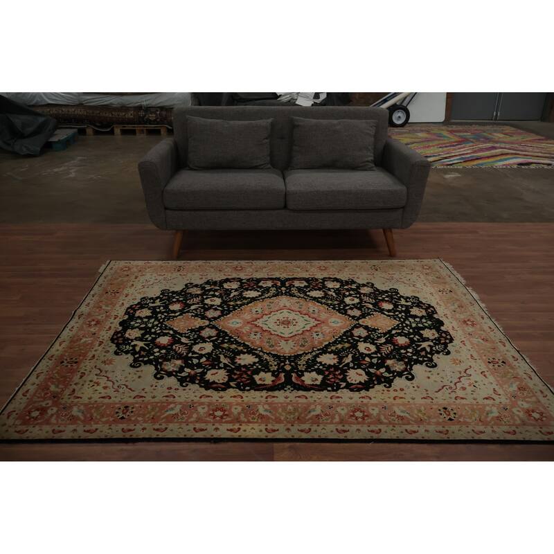 Hand Knotted Oriental Wool & Silk Carpet Traditional Floral Black Tabriz Area Rug - 6' 7'' X 4' 10''