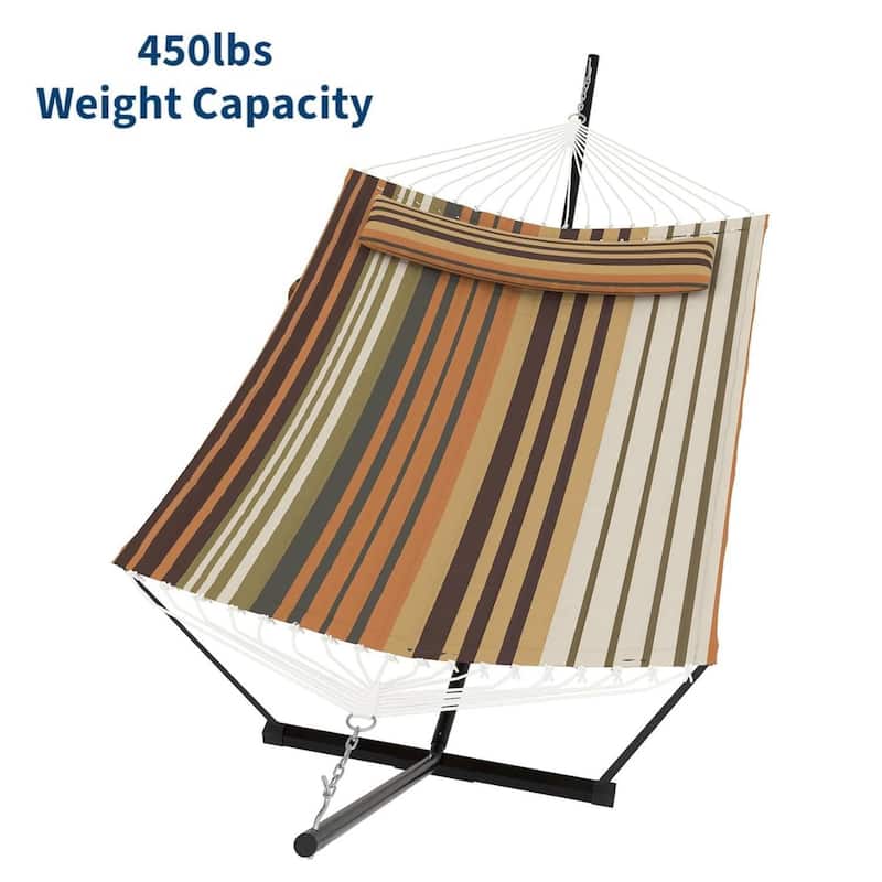 Portable Double Hammock with Stand for Outdoor Patio, Garden, Beach, Backyard, Max 450 Lbs Capacity - Brown Stripes