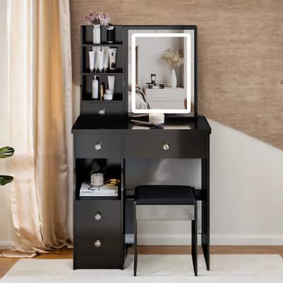 29.2" Vanity Set with LED Mirror, 3-Color Light & Cushioned Stool
