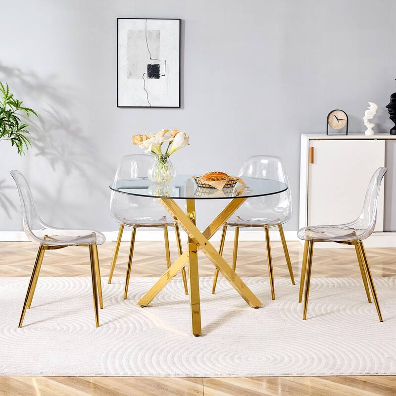 Set of 5 Piece Round Glass Dining Table and 4 Transparent Plastic Chairs X Shaped Metal Base