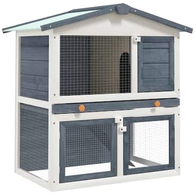 vidaXL Outdoor Rabbit Hutch 3 Doors Gray Wood - 37" x 23.6" x 38.6"