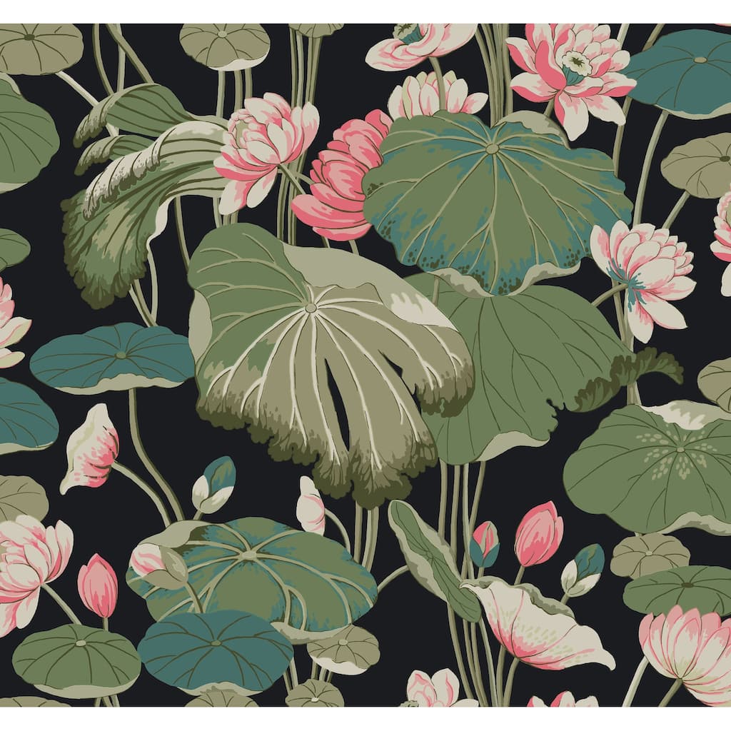York Wallcoverings Lotus Pond Black & Pink Wallpaper
