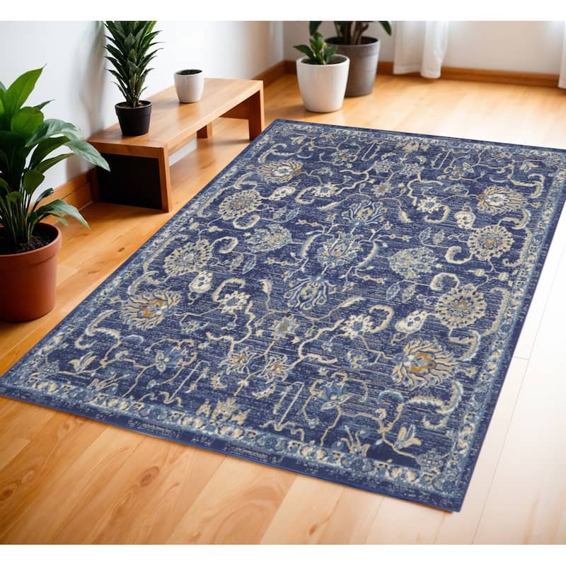 Luzi Power Loomed Floral Traditional Durable Area Rug By HomeRoots - 69' X '45' X '0.5 - Oxford Blue - Rectangle
