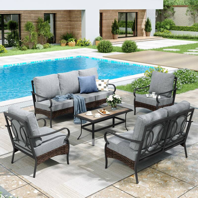 MAISON ARTS Modern Outdoor Patio Furniture Set with Waterproof Cushions - 5-Piece Wicker & Metal Conversation Set - Fixed Chair - Grey