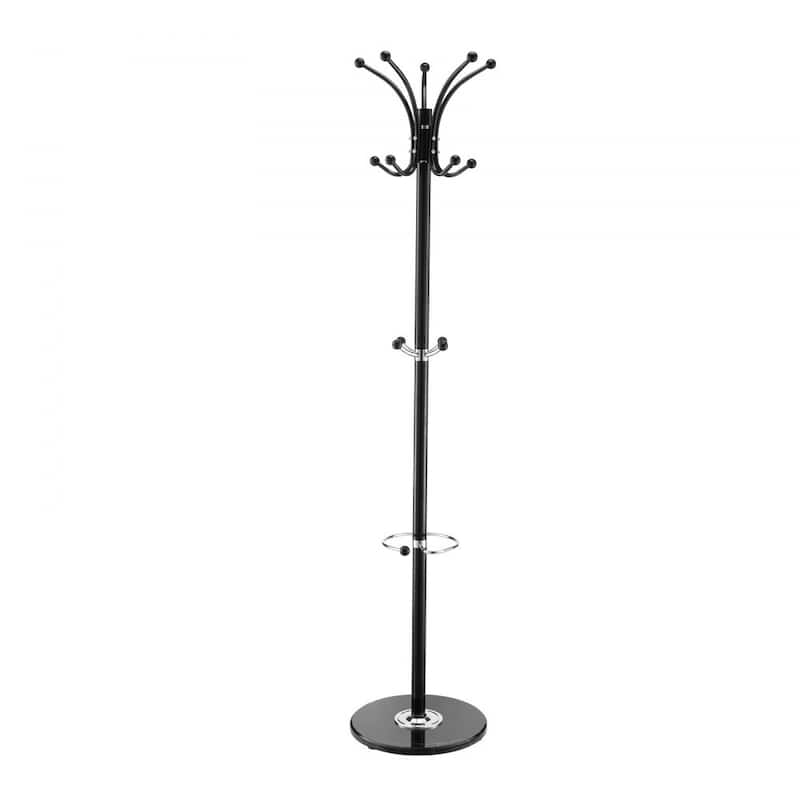Black 14 Hooks Freestanding Coat Rack with Thick Carbon Steel Rod and Stable Marble Base - 14.57” x 14.57” x 69.29”