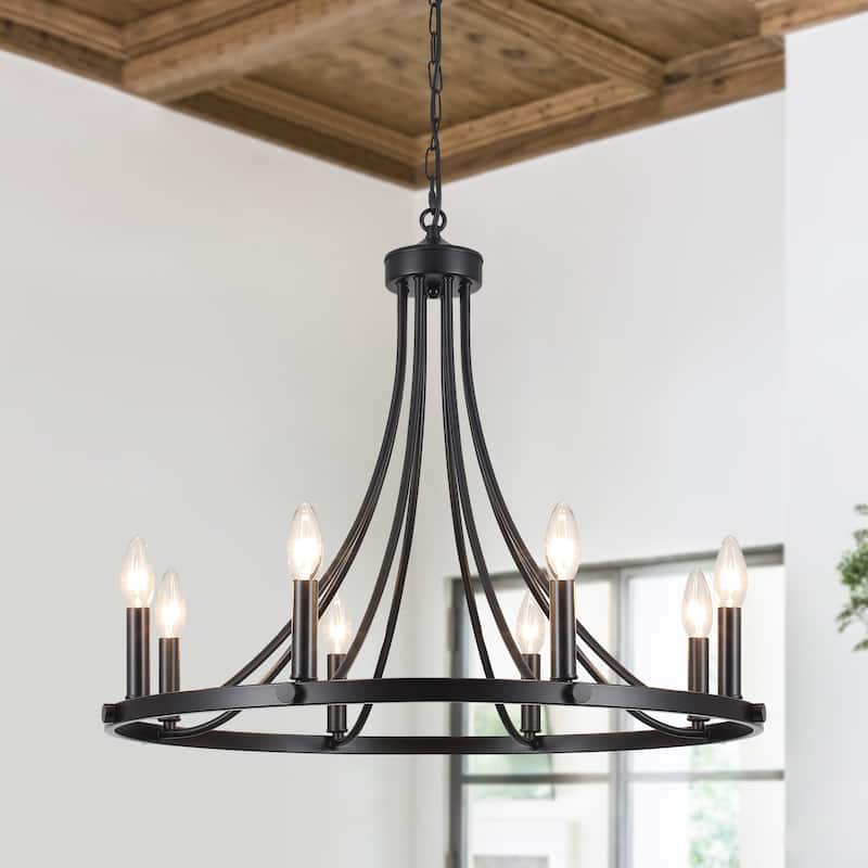 8-Light 25.59 in. Rustic Wagon Wheel Chandelier for Kitchen Living Room - Black