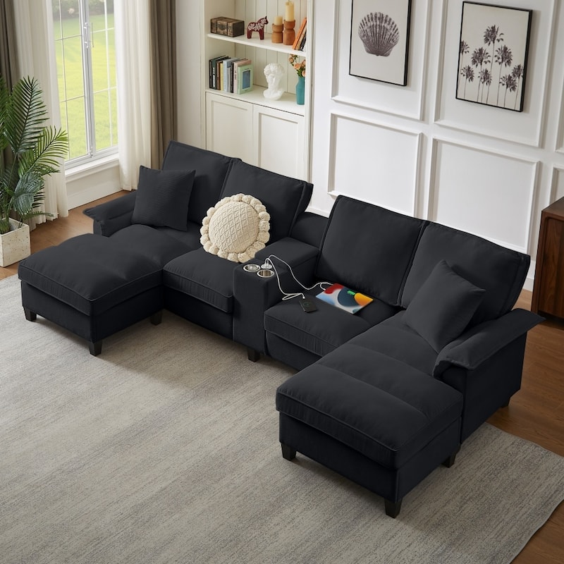 121.2" Modular Corduroy Sectional Sofa with Storage Console and Chaise Footrests - Black