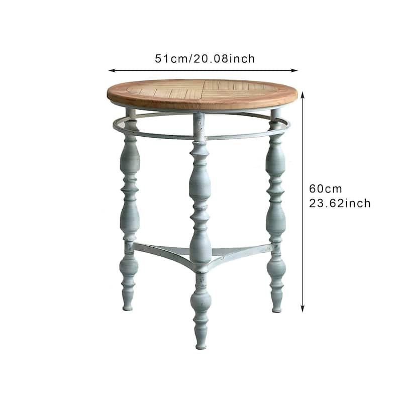 Rossetta Compact Round Shape Rustic Wooden Top Metal Leg End Table, Easy Assembly