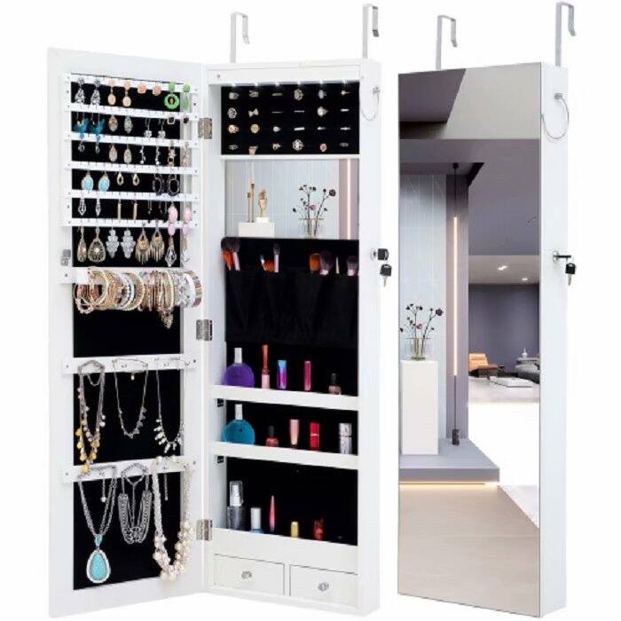 Jewelry Storage Mirror Cabinet With LED Lights Can Be Hung On The Door Or Wall - White