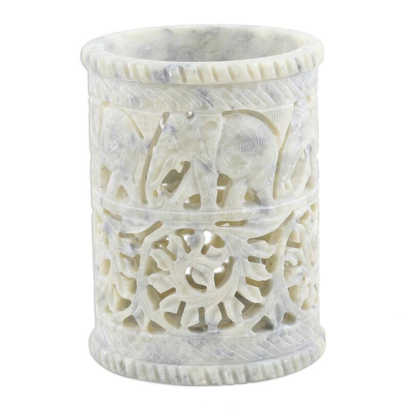 Novica Handmade Botanical Elephant Soapstone Pen Holder - Grey
