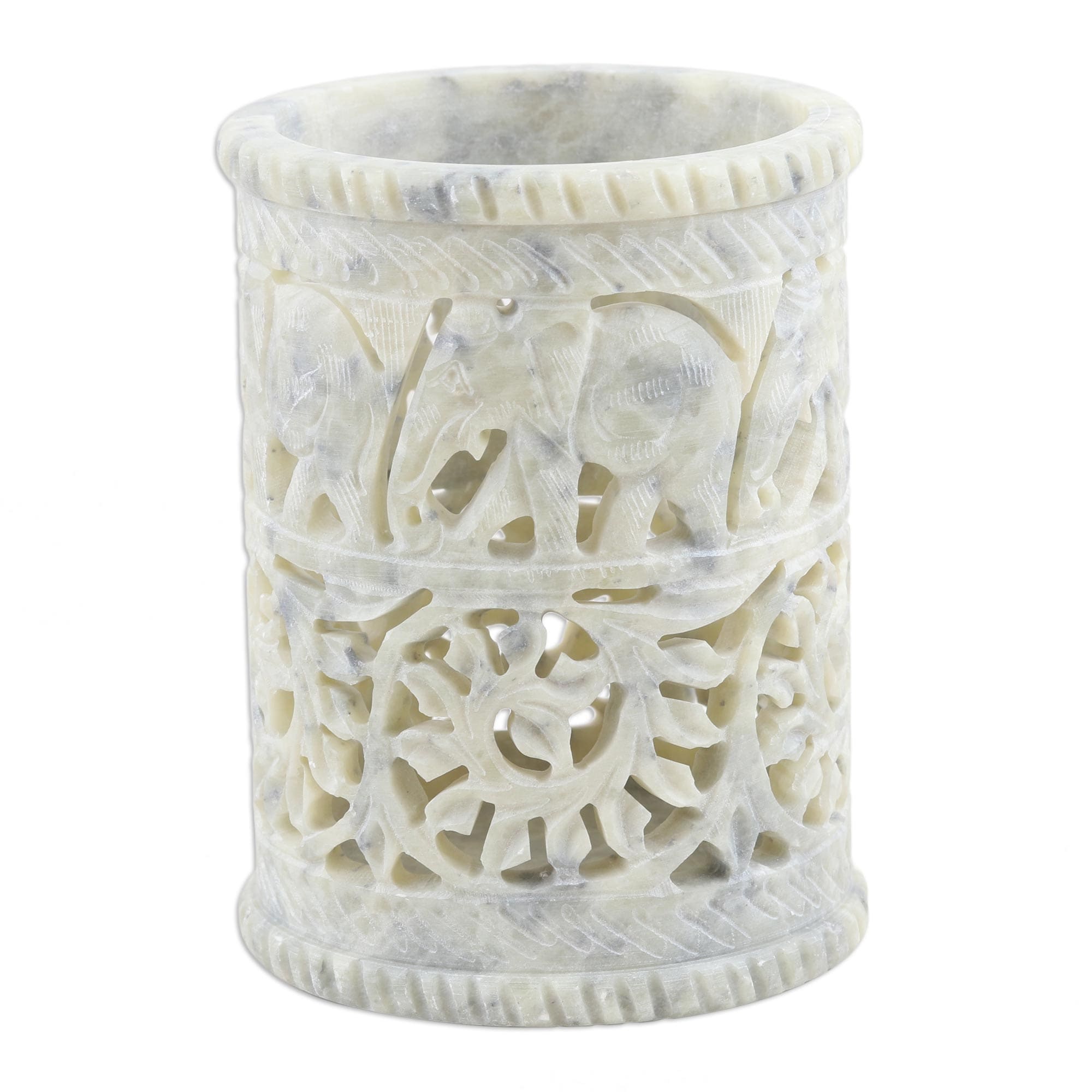 Novica Handmade Botanical Elephant Soapstone Pen Holder