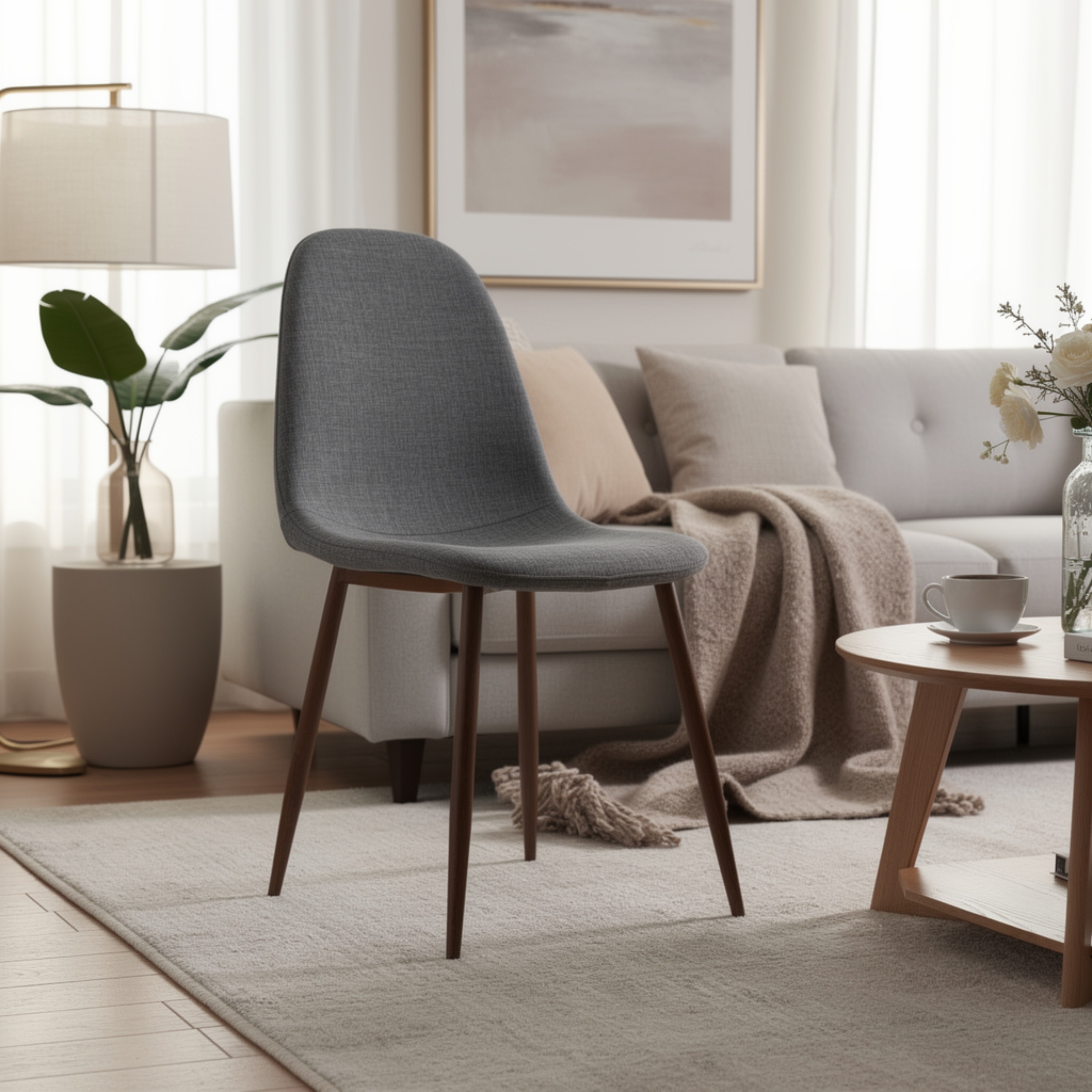Dining Chair Set of 2, Light Gray Seat and Back Cushion, Brown Metal