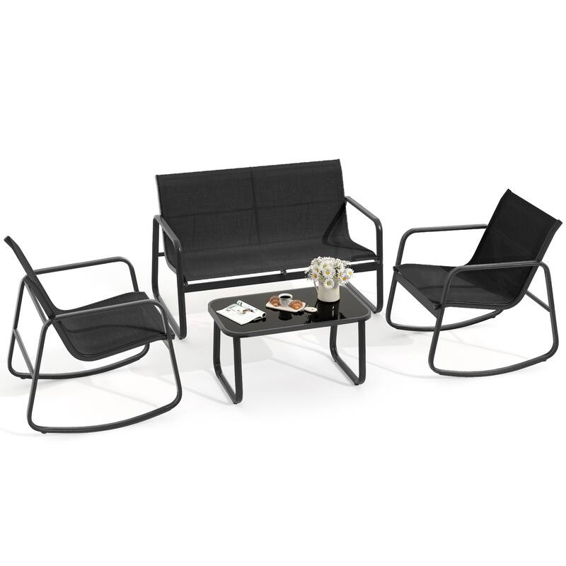 Moasis 4 Piece Outdoor Patio Conversation Set with Bistro Rocking Chairs,Loveseat and Glass Table