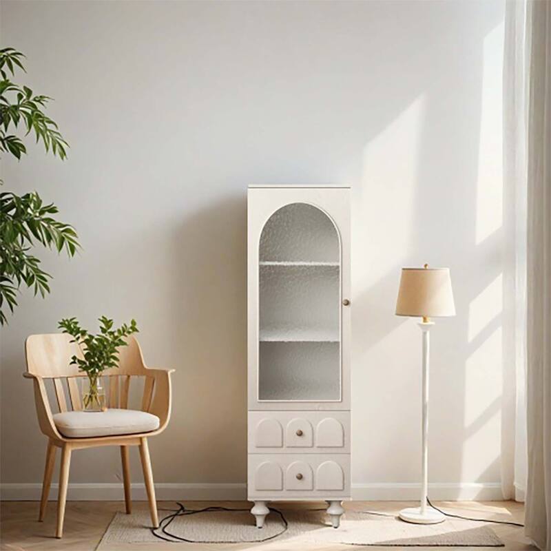 Tall Storage Cabinet with Glass Door,Two Drawers,and Adjustable Shelf for Versatile and Stylish Organization in Any Room - White