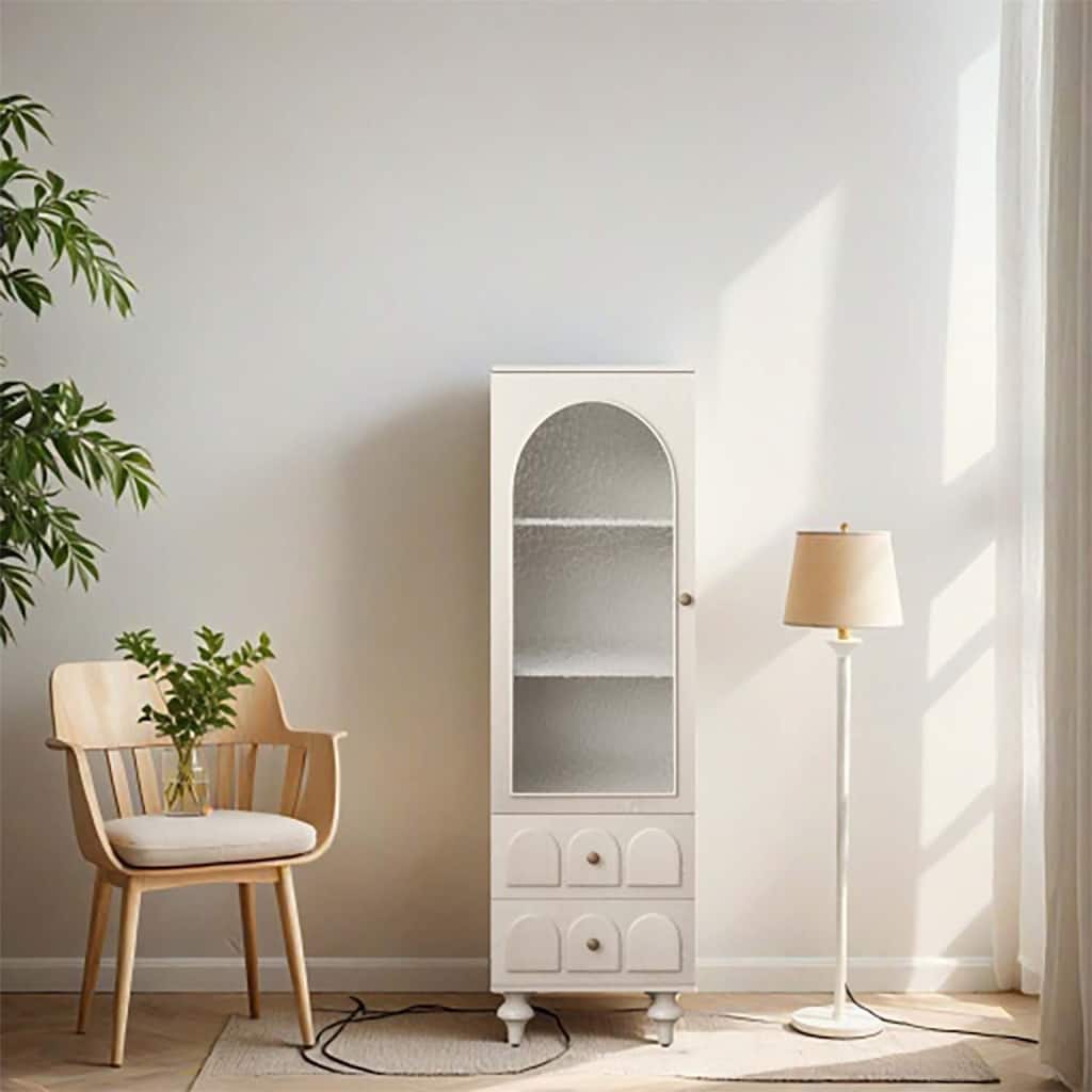 Tall Storage Cabinet with Tempered Glass Door,Two Drawers,and Adjustable Shelf for Spacious and Stylish Storage Solutions