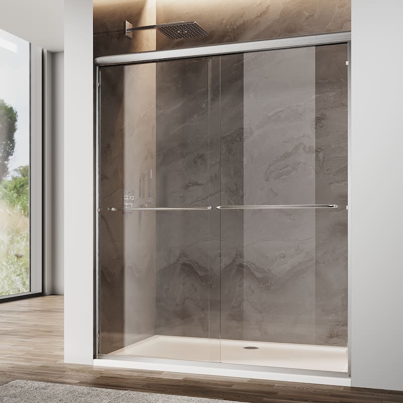 Elegant Double Sliding Shower Door Brushed Nickel Finish Framed With 1/4 inch Clear Tempered Glass - 54"x72"