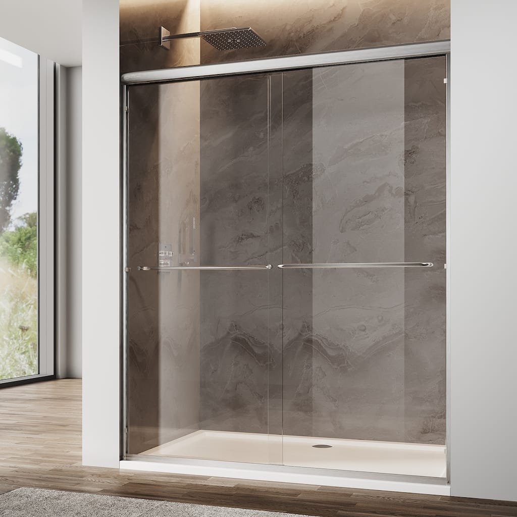 Elegant Double Sliding Shower Door Brushed Nickel Finish Framed With 1/4 inch Clear Tempered Glass