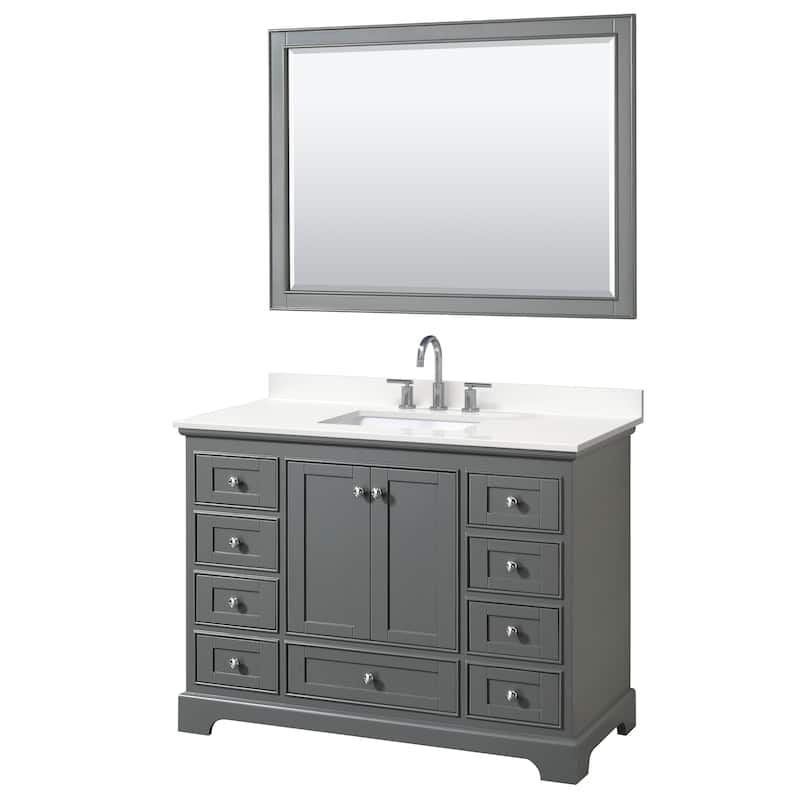Deborah 48-inch Single Vanity, Quartz Top, 46-inch Mirror - Dark Gray, Chrome Trim, White Quartz Top