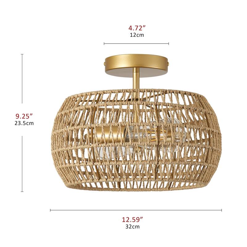 Farmhouse Painted Gold 2-Light Hand-woven Boho Semi Flush Mount Ceiling Light