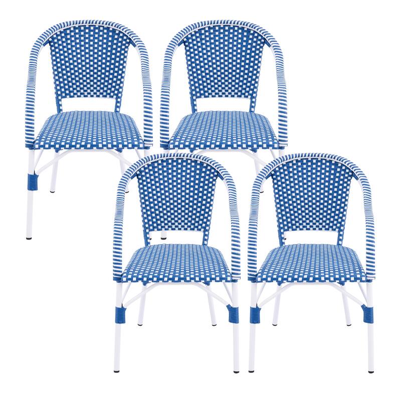 Christopher Knight Home - Iris 5-Piece Outdoor Dining Set with Four Woven Metal Frame Chairs and Acacia Wood Round Table - White+Blue+Teak finish