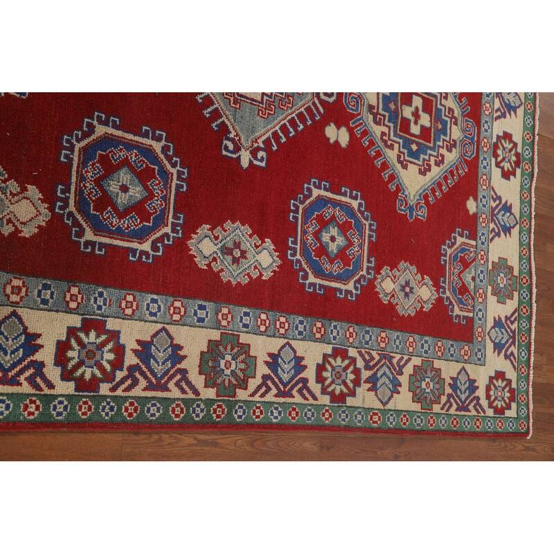 Red Geometric Kazak Area Rug Hand-Knotted Oriental Wool Carpet - 5'5" x 6'5"