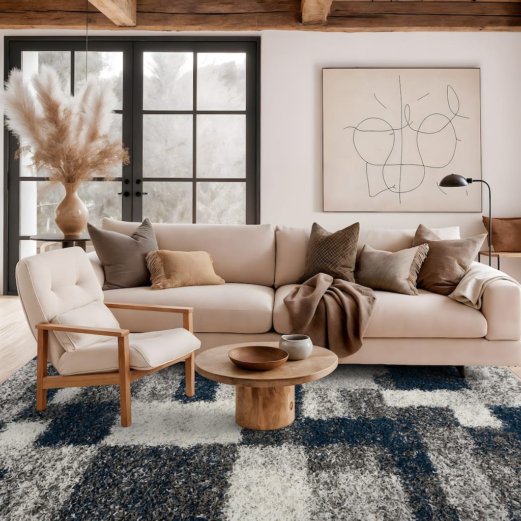 World Rug Gallery Distressed Modern Boxes Plush Shag Area Rug