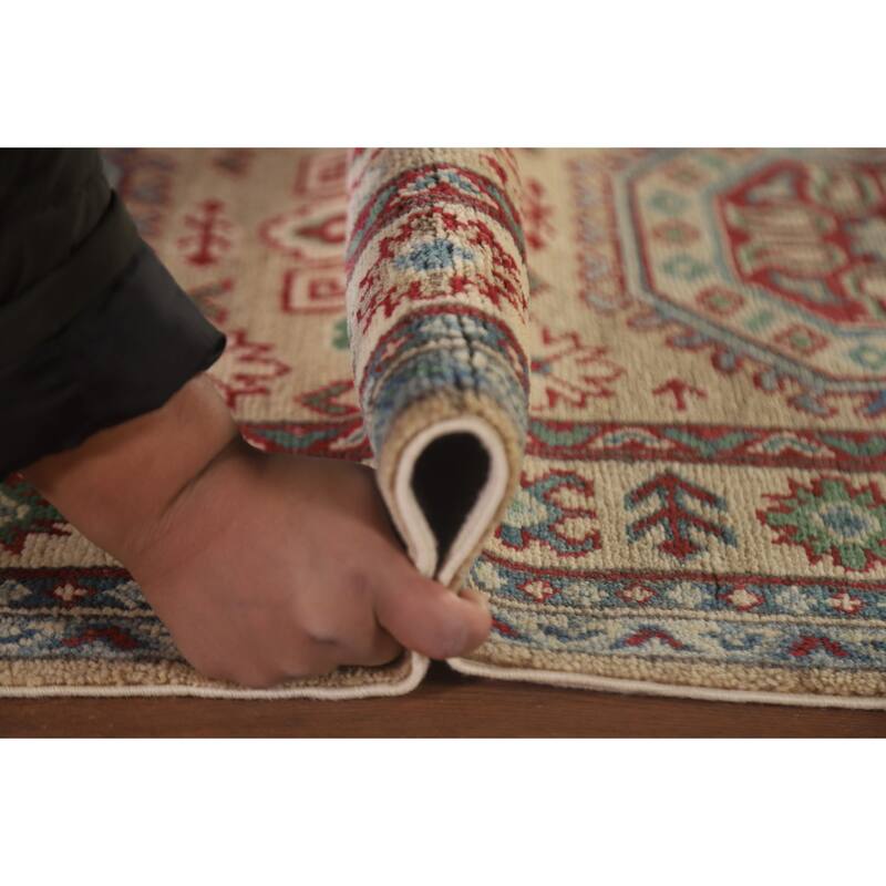 Hand Knotted Oriental 100% Wool Carpet Traditional Geometric Beige & Ivories Kazak Runner Rug - 12' 9'' X 2' 9''