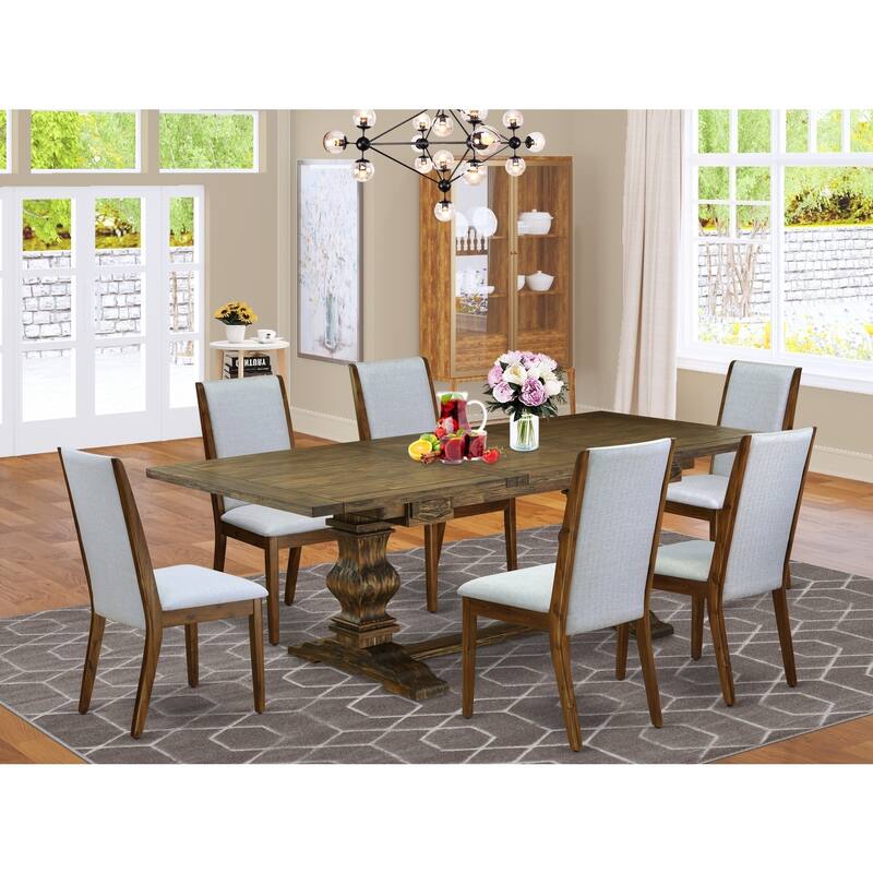 7-Piece Wooden Dining Set - Modern Gray Linen Fabric Chairs & Antique Walnut Table - 92