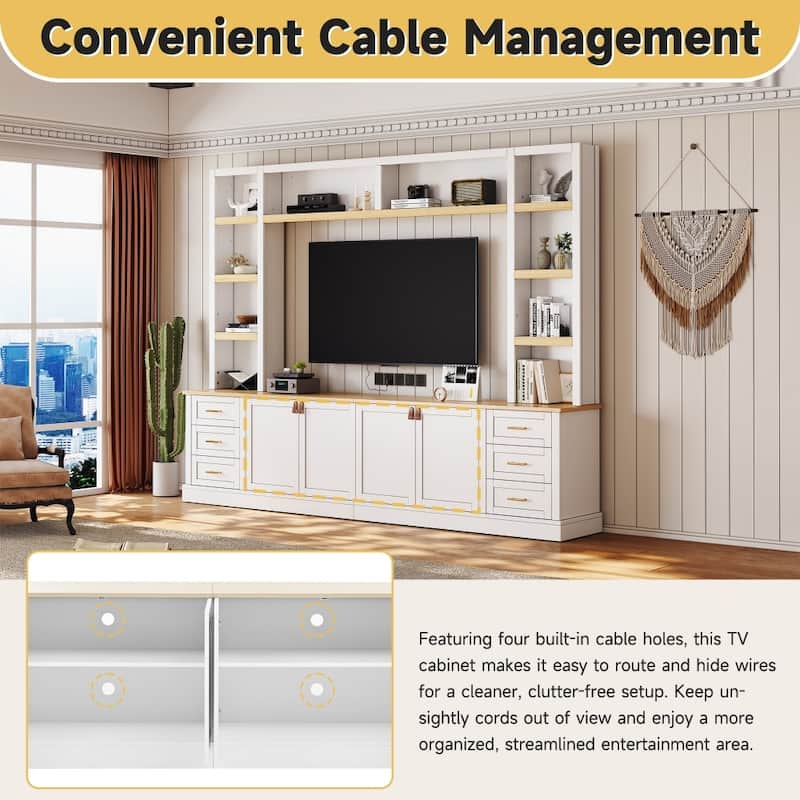 102.3" Farmhouse 4-Piece Entertainment Center Wall Unit with Adjustable Shelves,6 Drawers