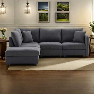 89" Polyester Modular Sectional Sofa with Deep Seat, Vertical Stripes, Movable Ottoman, and 5-Seat L-Shaped Design