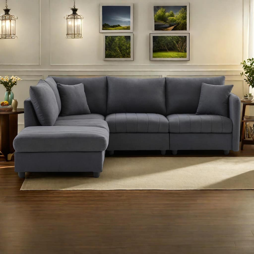 89" Polyester Modular Sectional Sofa with Deep Seat, Vertical Stripes, Movable Ottoman, and 5-Seat L-Shaped Design
