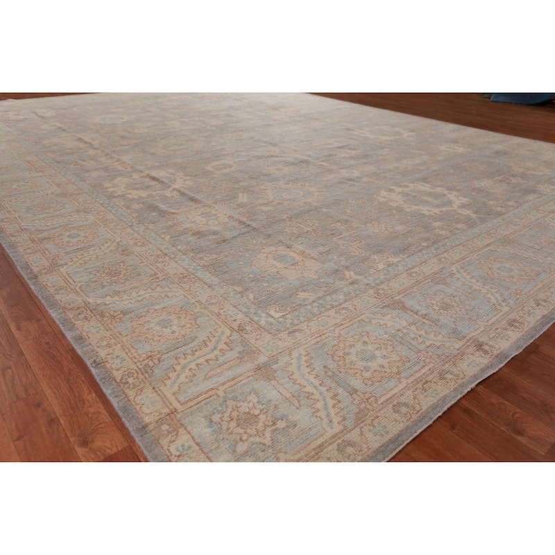Hand Knotted Oriental 100% Wool Carpet Transitional All-Over Greys & Charcoal Oushak Area Rug - 14' 0'' X 10' 1''