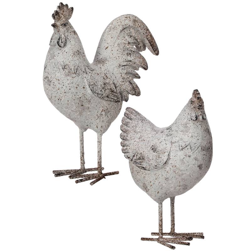 Resin And Metal Rooster And Hen 8.5-9.5" Set of Two - 9.5