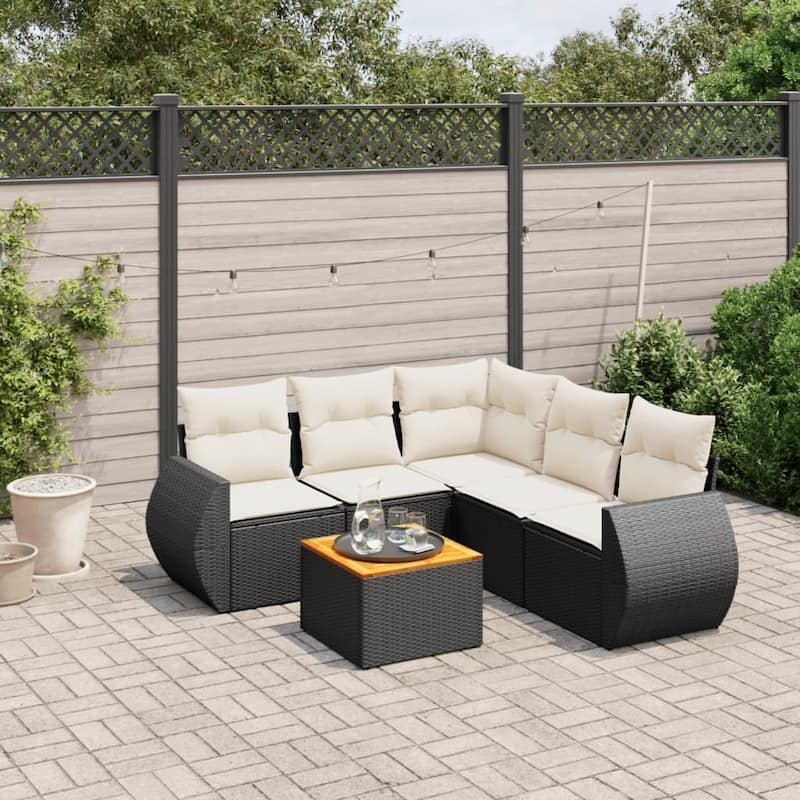 vidaXL Patio Sofa Set with Cushions Outdoor Furniture 6 Piece Poly Rattan - 21.7 x 21.7 x 14.6 - Black and Cream-corner+Table+2x middle