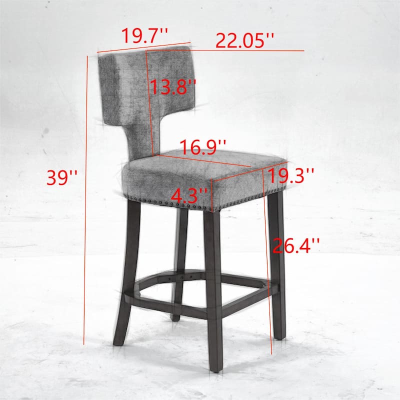 Counter Height Bar Stools Set of 2, Linen Upholstered Accent Chairs, Curved Backrest with Nailhead Trim and Splayed Legs