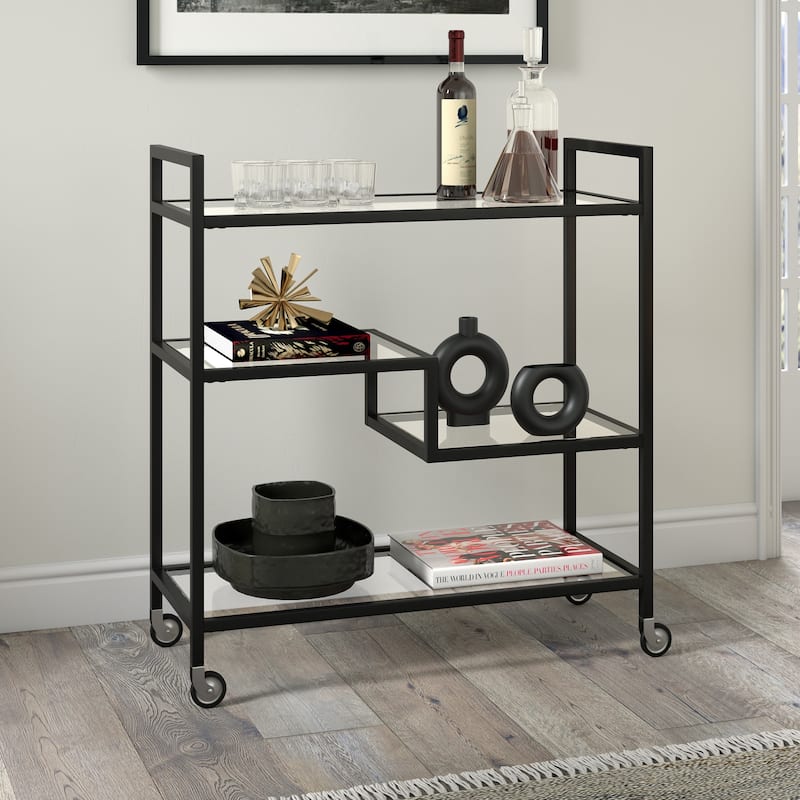Lovett 33" Wide Rectangular Bar Cart with Glass Shelves - Blackened Bronze with Glass Shelf