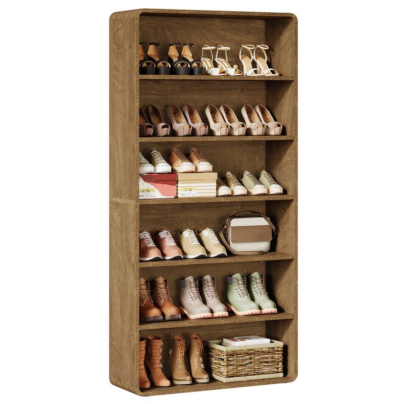 71" Shoe Storage Cabinet, 6-Tier Wooden Vertical Shoe Rack Organizer with Open Shelf for Entryway, Living Room