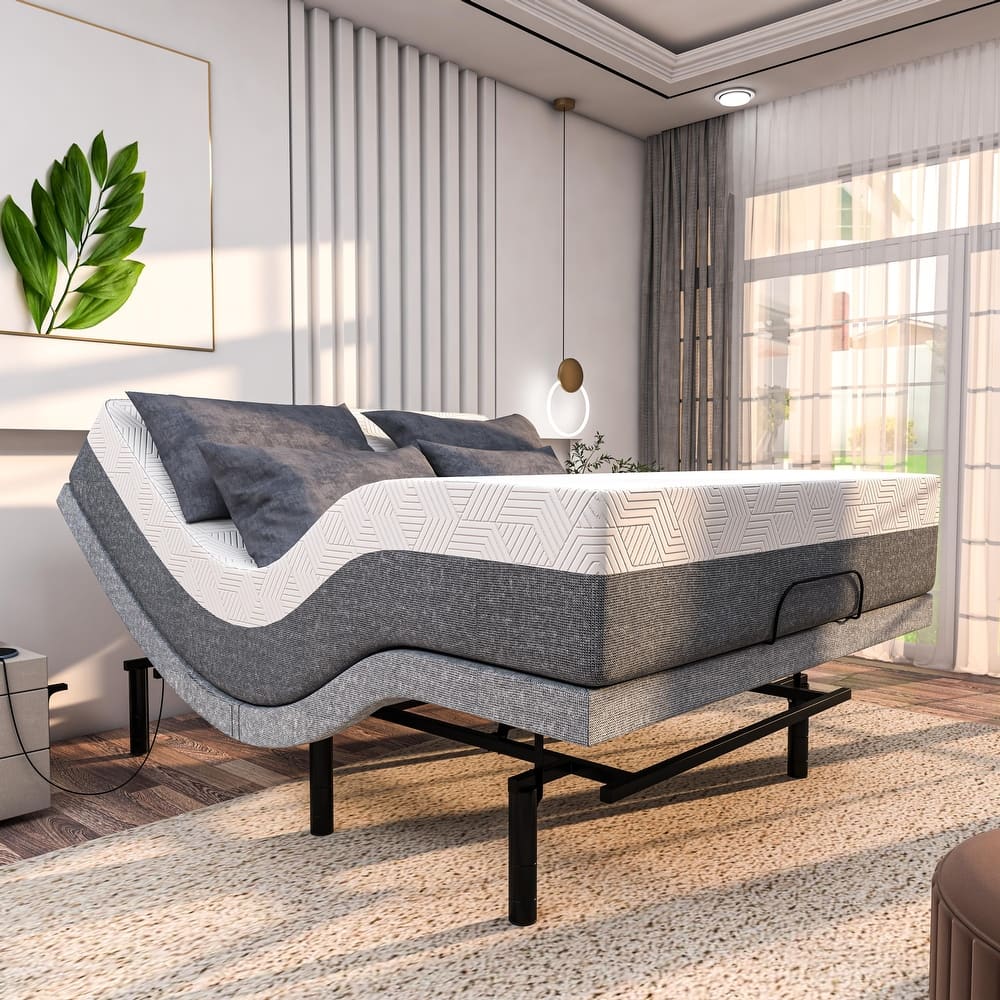 Renanim Adjustable Full Bed Frame with Hybrid Mattress, Dual Massage, USB Ports, App, Remote