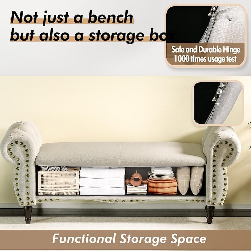 53 in Tufted Rolled Arm Storage Bench with Nailhead Trim
