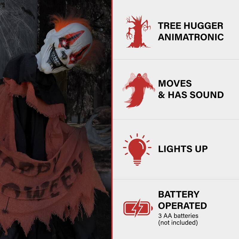 Haunted Hill Farm Twister the Clown Animatronic Tree Hugger with Movement, Sounds, and Light-Up Eyes for Halloween Decoration
