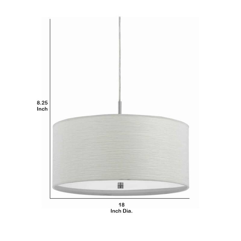 Drum Style Pendant Fixture with Fabric Shade and Brushed Details, White