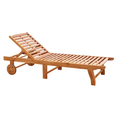 Teak Acacia Wood Outdoor Lounge Chair with Adjustable Back and Wheels - 77.5" L x 28.5" W x 33.5" H