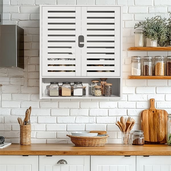 slide 2 of 13, Bathroom Wall Cabinet Storage Organizer with Adjustable Shelf Double Door White